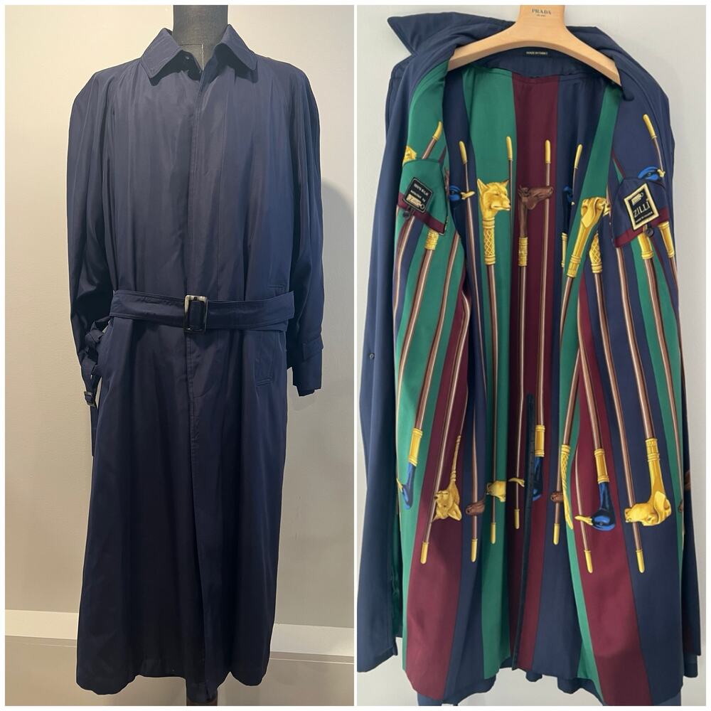 ZILLI Silk Trench Coat Navy Blue Made in France Size 52 JP